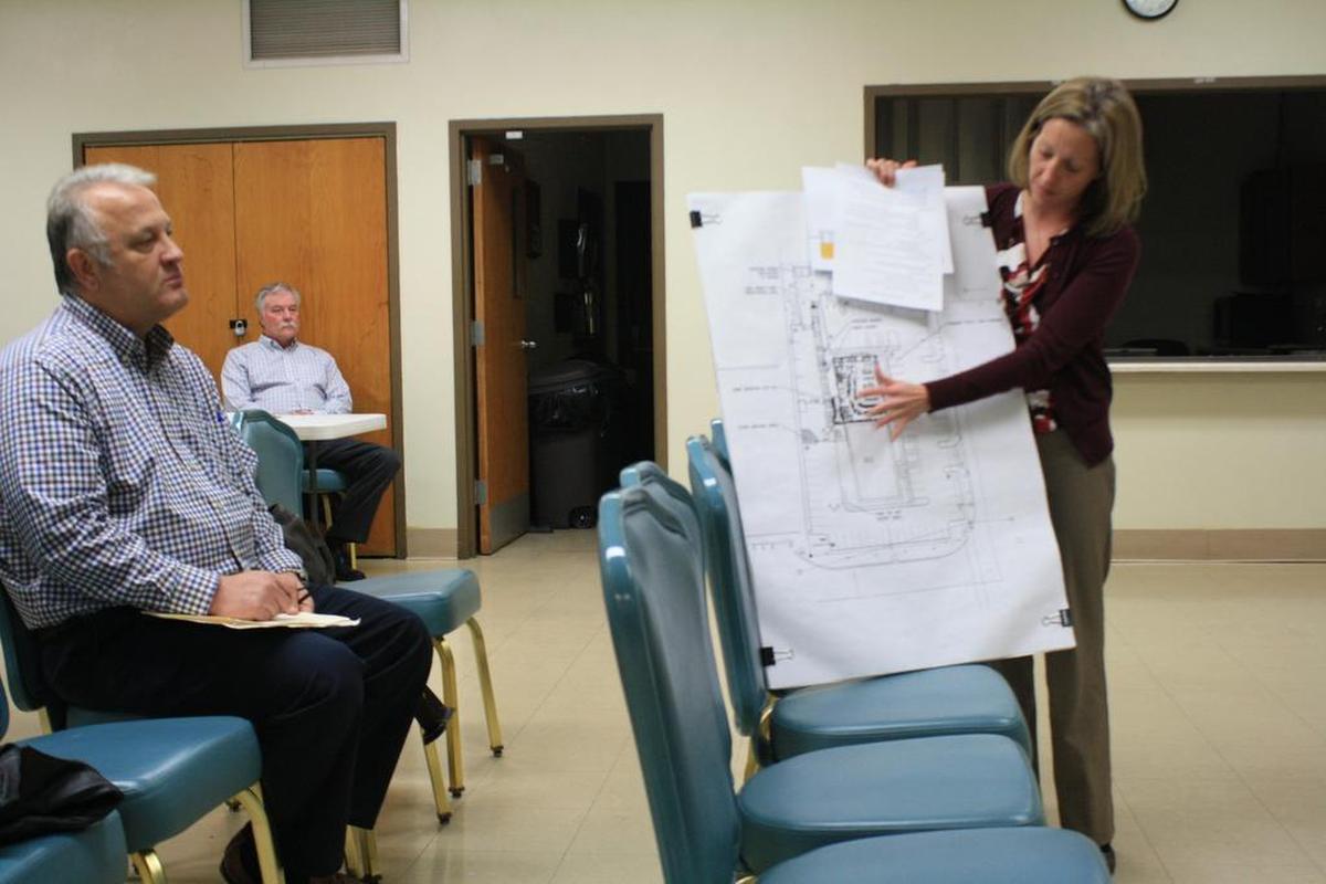From left, Panera Bread representative Mike Turnquist, Shiloh administrator John Marquart and Thouvenot, Wade & Moerchen Inc. project engineer Dana Link during the Shiloh Planning Commission public hearing Monday night.