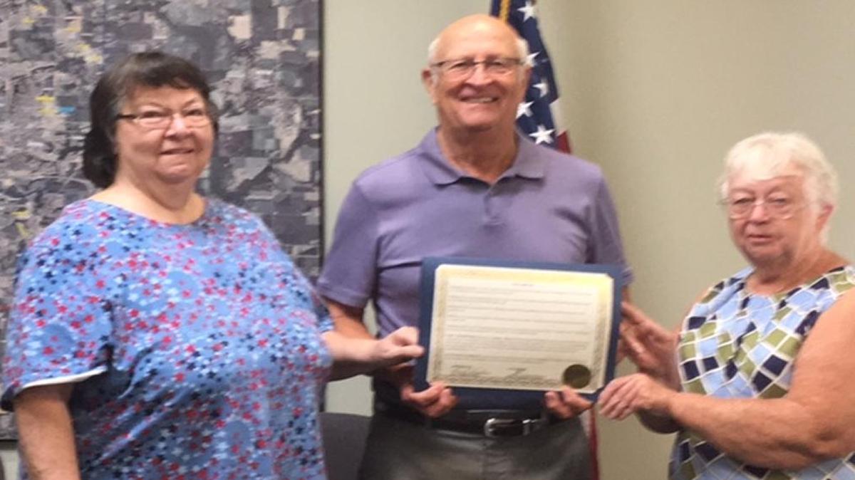 From left, Linda Hangsleben member and treasurer of Looking Glass Prairie Chapter of the National Society of the Daughters of the American Revolution; O’Fallon Mayor Gary Graham; and, Gail Jurgensmeyer, chairperson for Constitution Week, Looking Glass Prairie Chapter, NSDAR. Graham has given a proclamation for the week of Sept. 17-23 to be O’Fallon Constitution Week.