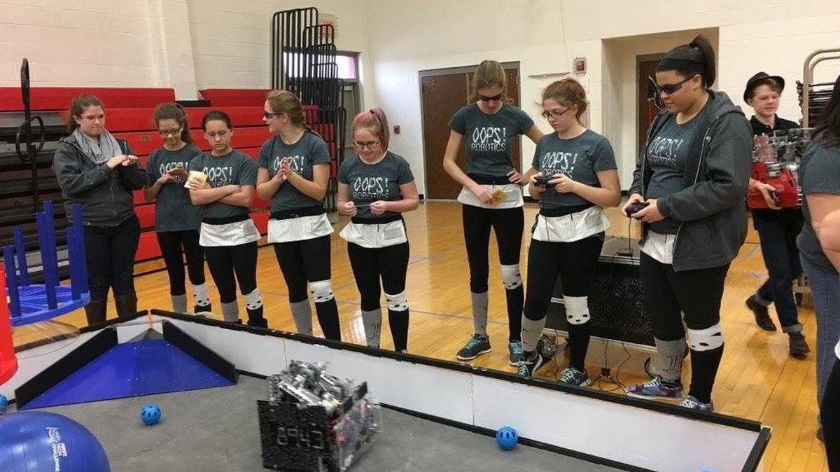 From left, Girl Scouts of Southern Illinois OOPS! Robotics FIRST Tech Challenge team mentor (and Purple Robot Penguins FIRST LEGO League team’s coach) Shannon Buchanan; Mary Buchanan (on both teams); Allie Huller (on both teams); Leah Watson; Chloe Schlosser; Megan Zaiz; Amber Smith; and, Mackenzie Butchee. Both teams are from the GSSI O’Fallon group. Not pictured from the OOPS! Robotics FTC team are: Coaches Kristi and Bob Smith, Kailee Schlosser, Allison Zaiz, Katie Buchanan and Skylar Van Driel.