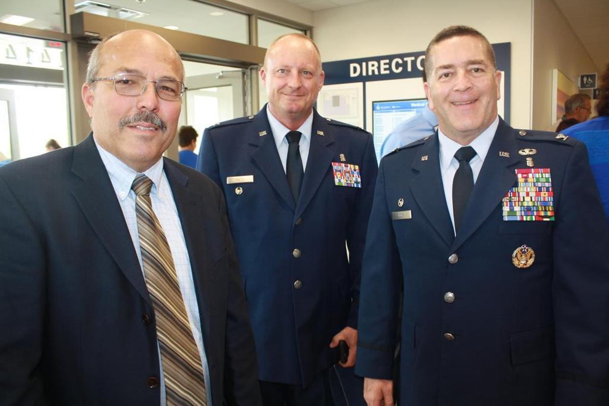 From left, Shiloh mayor Jim Vernier, Scott Air Force Base 375th Medical Group Col. Michael D. Dietz, administrator, and Col. Jeff Alder, commander, during the Memorial Hospital East Medical Office Building ribbon cutting ceremony Tuesday, Oct. 10.
