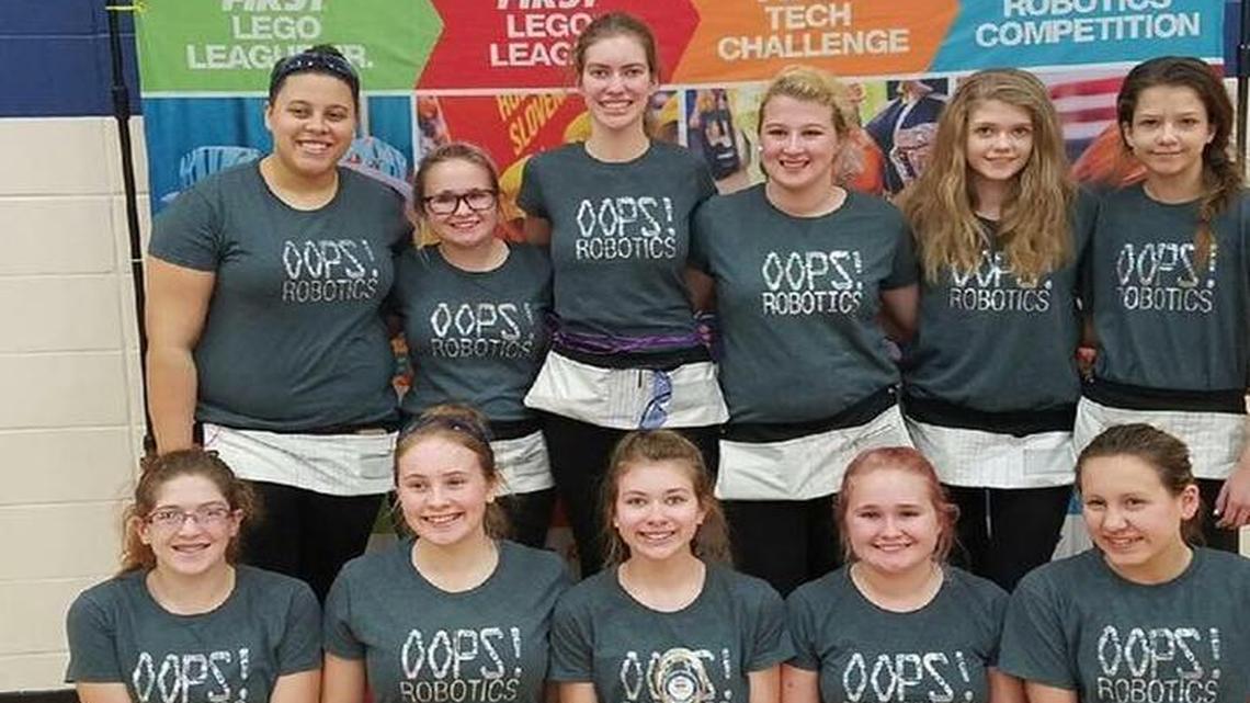 During regional competition, Girl Scouts of Southern Illinois robotics team, OOPS! Robotics, qualified for the Illinois FIRST Tech Challenge (FTC) State Tournament, as well as won the tournament’s Connect Award for the ties they have built with the local STEM community. The team qualified for the Missouri FTC State Tournament earlier this season as well. OOPS! Robotics is made up of middle school and high school girls from Belleville, Granite City and O’Fallon. Front row from left are Amber Smith, Leah Walton, Allison Zaiz, Chloe Schlosser and Allie Huller; back row, Mackenzie Butchee, Kailee Schlosser, Megan Zaiz, Kimberly Melton, Katherine Buchanan and Mary Buchanan.