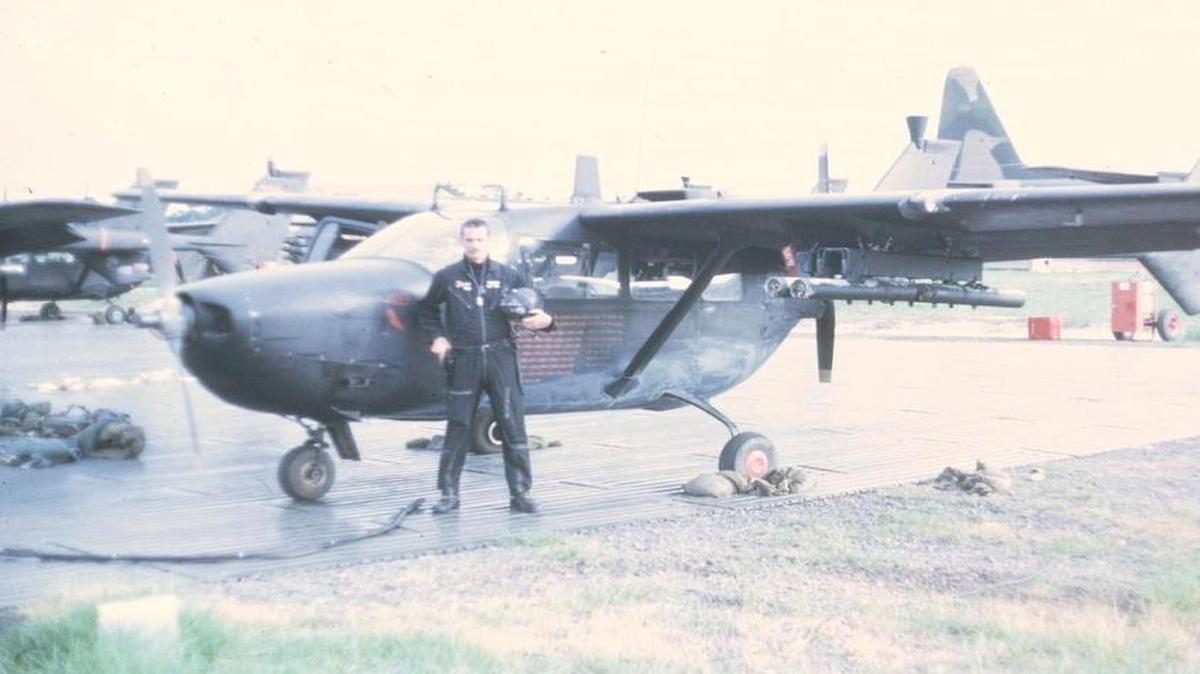 U.S. Air Force Forward Air Controller John Bollwerk of O’Fallon with a Cessna O-2 Skymaster (nicknamed “Oscar Deuce”) is a military version of the Cessna 337 Super Skymaster, used for forward air control (FAC) and psychological operations (PSYOPS) by the U.S. military.