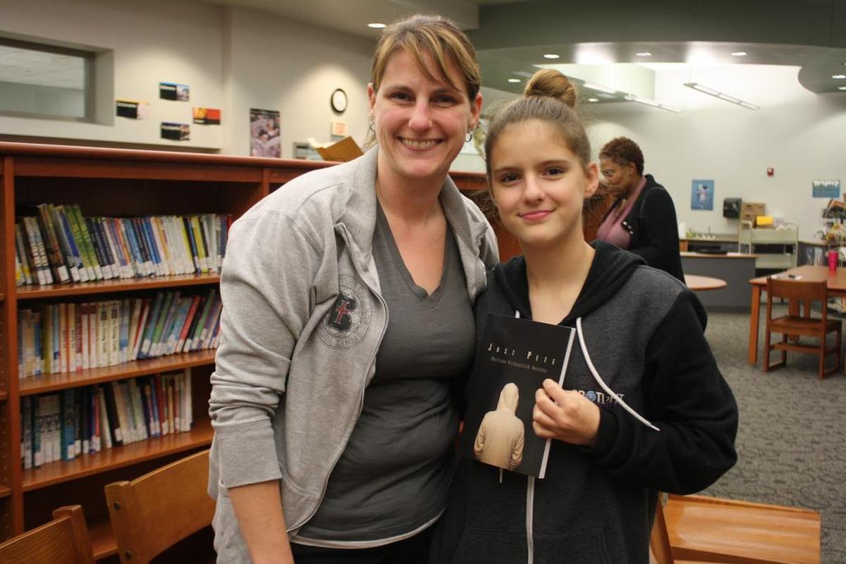Kathleen Wilson with daughter Alex Wilson, 13, a seventh grade student at Shiloh Middle School, both attended the “Just Pete” author reading, signing and Q&A given by Malinda Kirkpatrick-Bertels Thursday, Nov. 2.