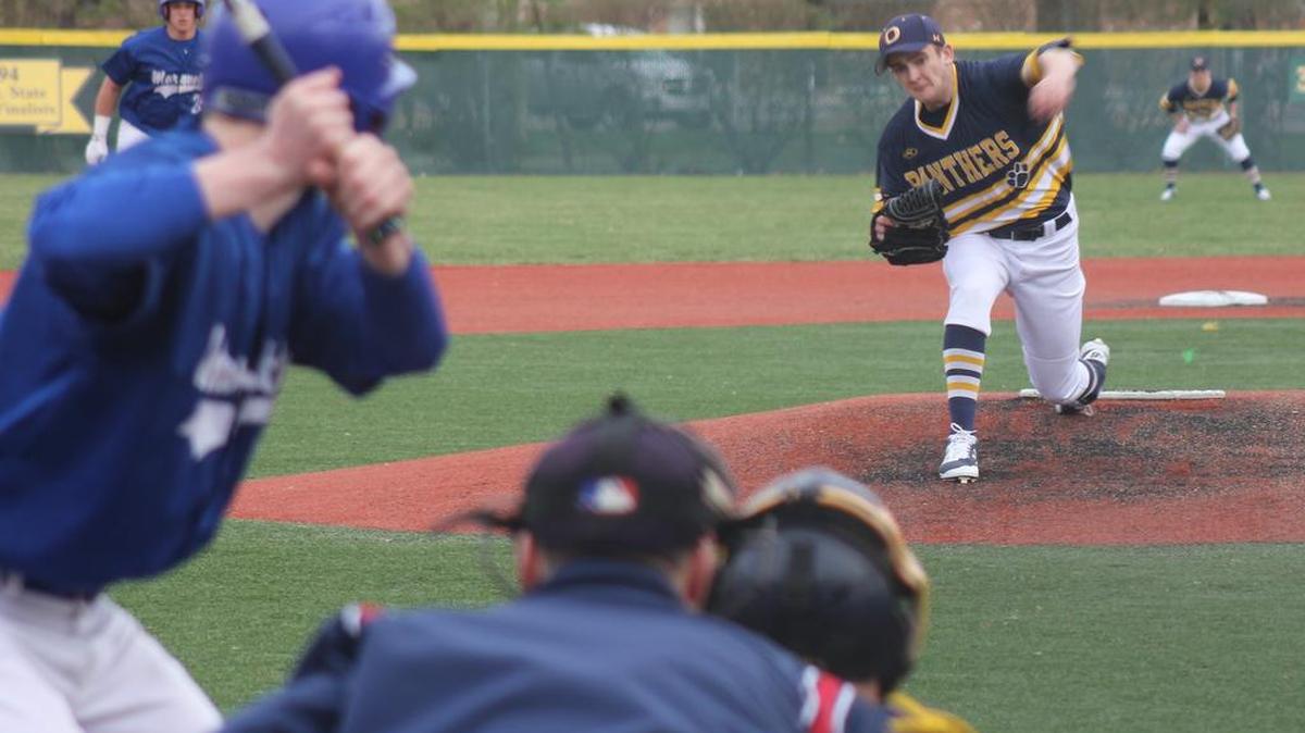 O’Fallon pitcher Max Schaefer strikes out an Alton-Marquette hitter on Wednesday, en route to getting his first win on the year.