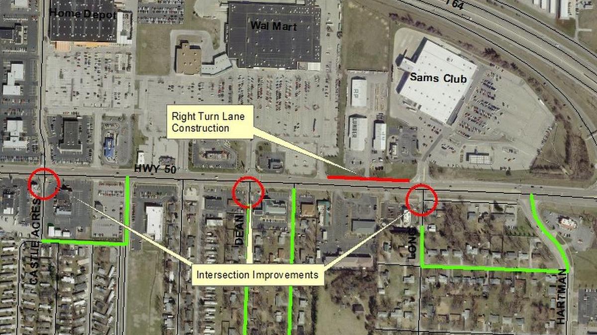 Construction on West Highway 50, between Castle Acres Drive and Long Drive is scheduled to begin Monday, May 23, 2016. This project will consist of intersection and signal improvements on Highway 50 at the intersections with Castle Acres Drive, Dean Drive and Long Drive, as well as the addition of a right turn lane for westbound traffic from the Sam’s Club entrance at Long Drive to the eastern Wal-Mart entrance. The work is scheduled to be completed by September 15, 2016. Detour routes are as follows: Castle Acres can be accessed using the entrance on St. Ellen Mine Street, Dean Avenue can be accessed from Alice Avenue, and Long Drive can be accessed from Hartman Lane and Atlantic Drive.