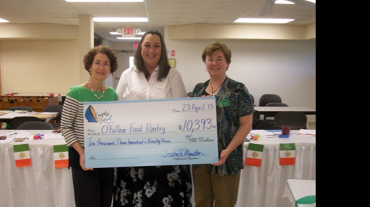 
​On Ash Wednesday, April 22, 2015, the O’Fallon Woman's Club held its 5th Annual Empty Bowl Luncheon event to benefit the O'Fallon-Shiloh Food Pantry. On Thursday, April 23, the Woman’s Club was able to present the proceeds to Angie Breene of the Food Pantry. This year $10,393 was raised. Left to right, Breene, Beth Lundy, chairman of the Food Pantry Committee, and Club President Sondra Marston. 
