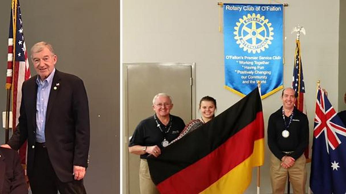 In photo on left, Rotary Club of O'Fallon president-elect Dale Upright and Rotarian Lee Yaeger are awarded as Paul Harris Fellows. It was their second and sixth fellowships, respectively. Jerry Albrecht, Rotary Foundation chairperson, is on the right. In photo on the right, the Rotary Club of O’Fallon honors its Rotary Youth Exchange students, Maggie Pauley, an OTHS sophomore who will depart for Germany in August, and Brendan Willcox, who recently arrived from Australia. Joining Maggie and Brendan are Rotarians Carm Walgamott, Lex White, Rich Lunan and Ed True.