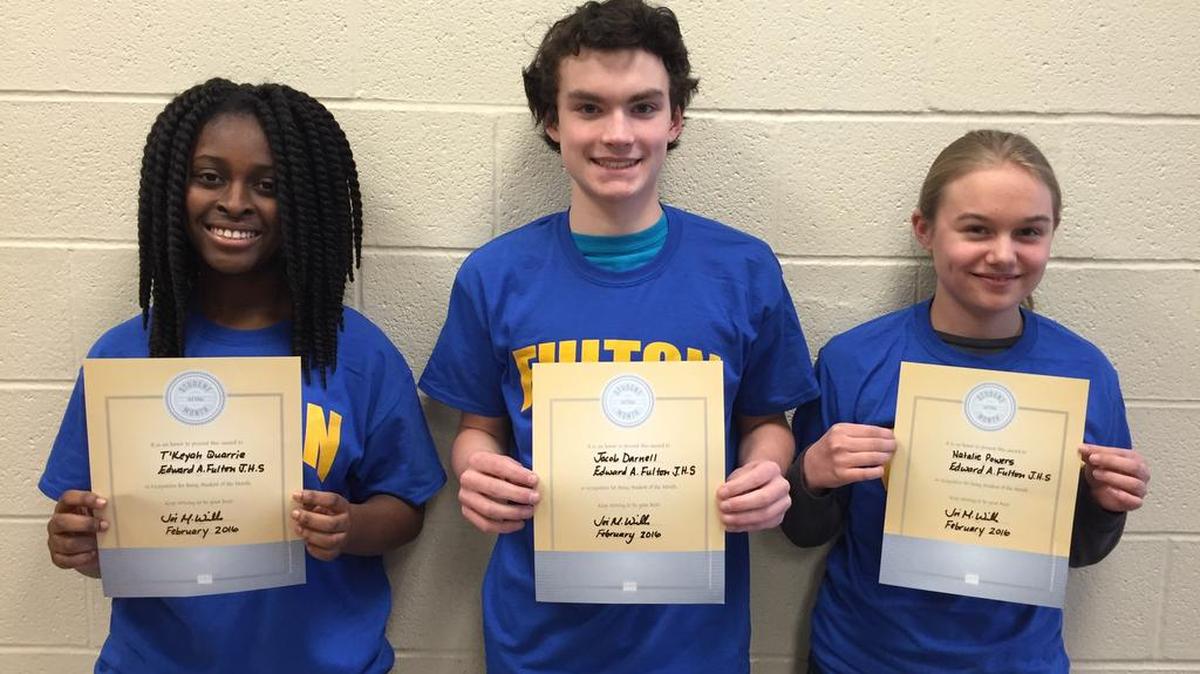 Pictured from left, are Reagan Martin, sixth grade, Max Marrel, seventh grade, and Chloe Baron, 8th grade, Fulton Junior High Students of the Month from February.