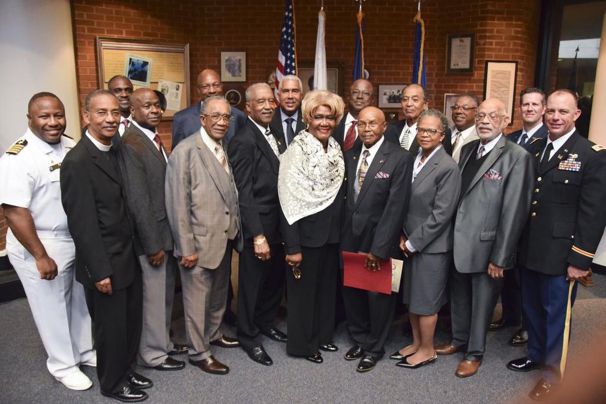 Tuskegee University General Daniel “Chappie” James Museum in Tuskegee, Ala. on Oct. 27, Horace Humphries of O’Fallon, fifth from the left, stands with 2017 ROTC Hall of Fame inductees and representatives.
