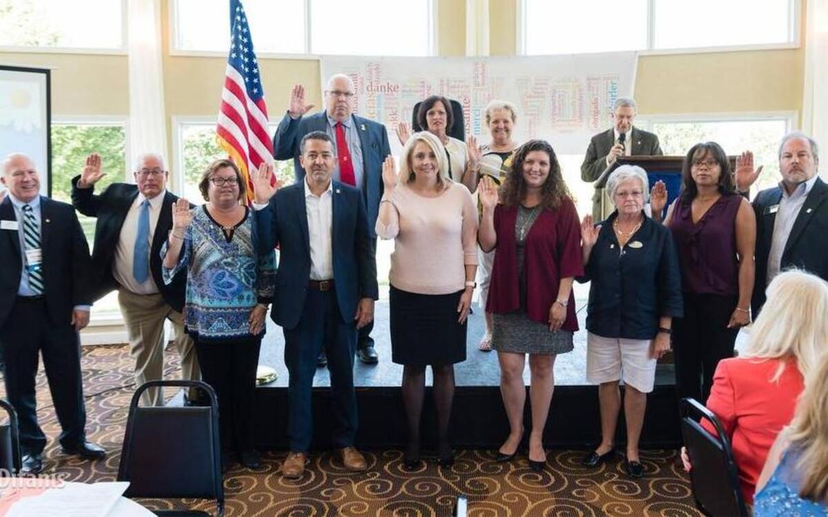From row from left are Tim Garvey, affiliate director, and directors, Chris Dixon, Karen Sheesley, Stephen Ellerbrake, Tanya Hawkins, Ashley Barud, Barbara Davidson, Celeste Wheeler, Brad Krueger. In the top row are Mike Gross, 2018 immediate past president; Donna Baker, 2018 secretary/treasurer; and Judy Ross, 2018 president-elect.