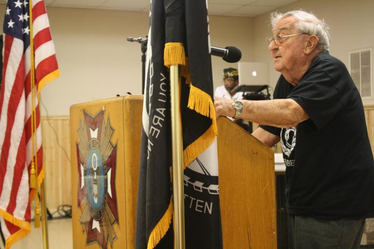 Robert Teichgraber, 97, a WWII POW thanks attendees, the council and veterans during the Scott POW/MIA Council’s 26th Annual POW/MIA Recognition Ceremony Saturday, Sept. 16 in O’Fallon at the Sgt. Charles A Fricke VFW Post 805.