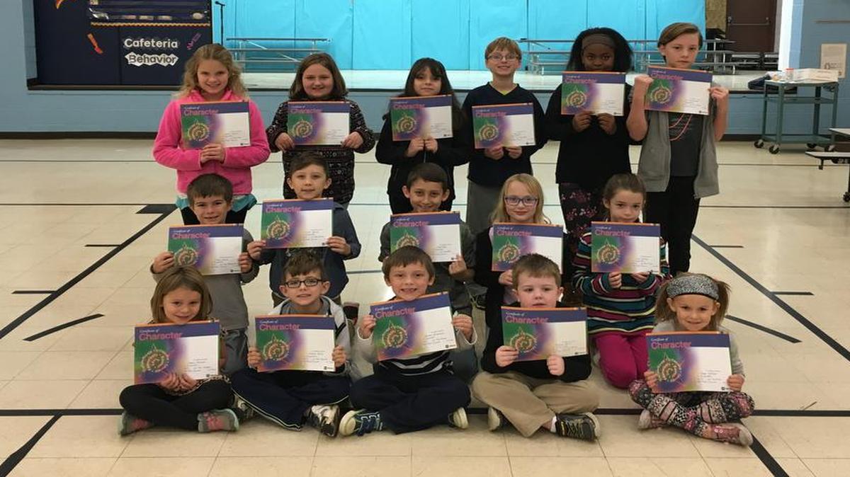 Estelle Kampmeyer Elementary November Character Builder winners. Front row, Selena Dalechek, Jackson Moore, Matthew Weisenbach, Nickolas Martin, Emma Schlicher. Middle row, Diego Rosado, Erik Amaral, David Shaw, Lilly Minar, Lily Gaines; and, back row, Natalie Shearer, Jolie Long, Mia Barragan, Aden King, Tarissa Hamilton, Eli Greenstreet.