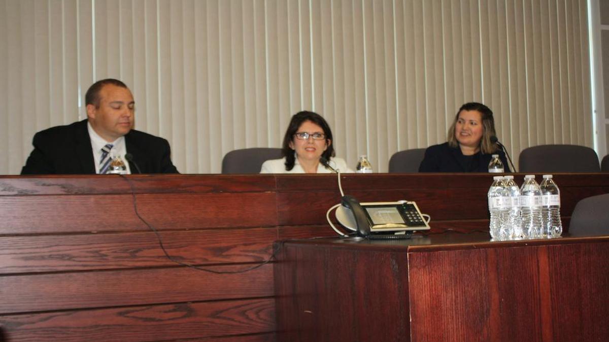 On Friday, June 9 at O’Fallon City Hall, representing the local area, were three panel members to report to the Interagency Military Base Support and Economic Development Committee chaired by Illinois Lt. Gov. Evelyn Sanguinetti, seated in the middle between Brian Costin, policy director and deputy chief of staff, on left, and legal council.