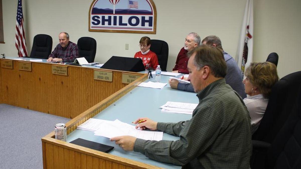 During Monday, Dec. 18 Shiloh Committee meeting, from left, Shiloh Trustee Colleen Powers, mayor Jim Vernier, village clerk Brenda Kern, village treasurer Bill Boker Jr. and Shiloh Trustees Greg O’Neil, Tina Warchol and Bob Weilmuenster. Not pictured is Kurt Burrelsman, absent trustee.