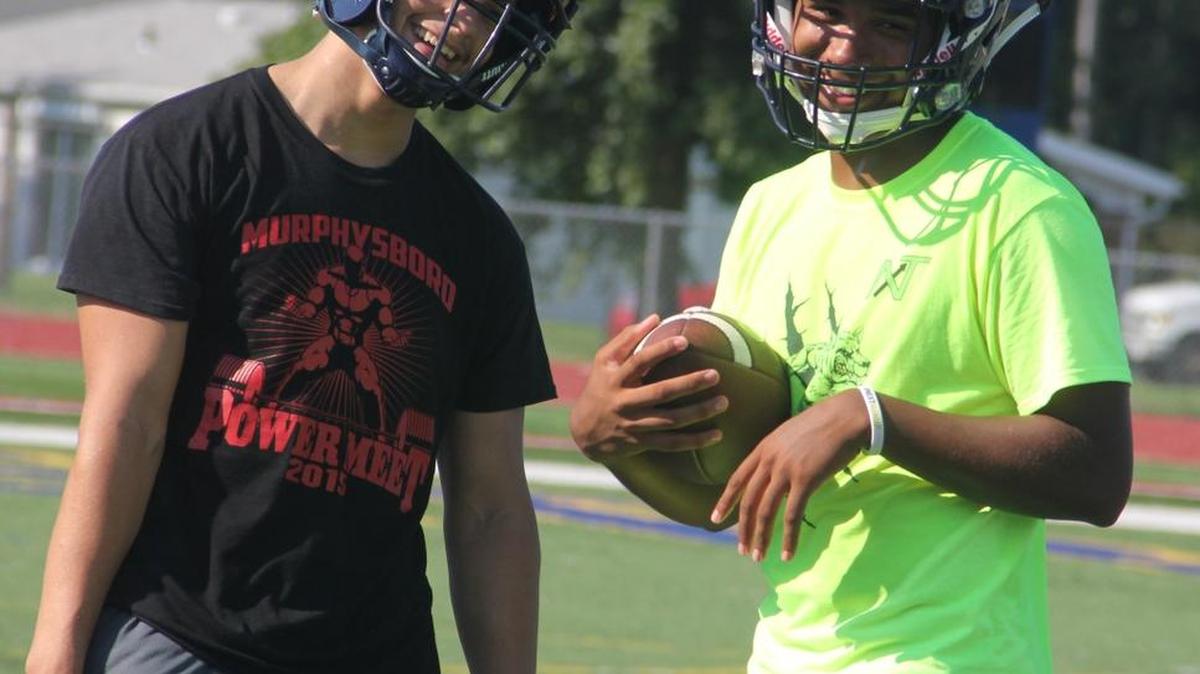 Zane Roe and Christian Perez share a laugh at a recent Panthers practice. Roe and Perez are expected to have big seasons this fall.