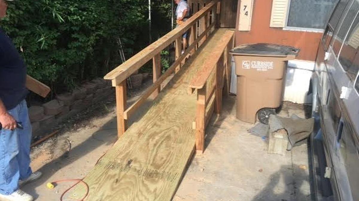 A newly constructed wheelchair ramp built by the O’Fallon VFW Post 805 V.I.P. members and Harold Hughes of the Millstadt VFW Post Charlie Herron, a disabled veteran.