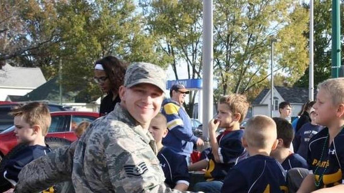 United States Air Force Sgt. Bobby Nowak, father to an O’Fallon Little Panther, rides with the group of Little Panthers during the annual O’Fallon VFW Veterans Day Parade last year.