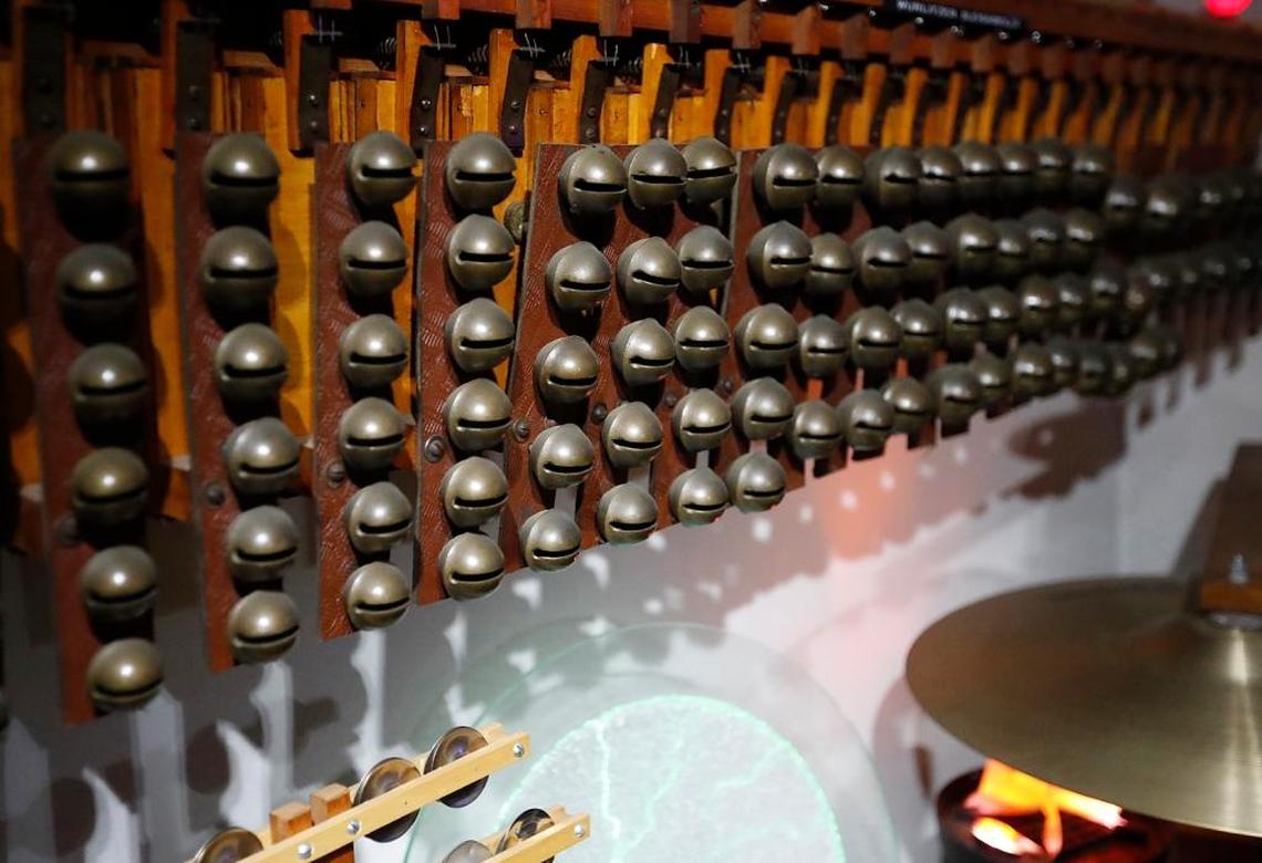 Some of the automated sleigh bells and other instruments of Jack Moelmann’s at his O’Fallon home.