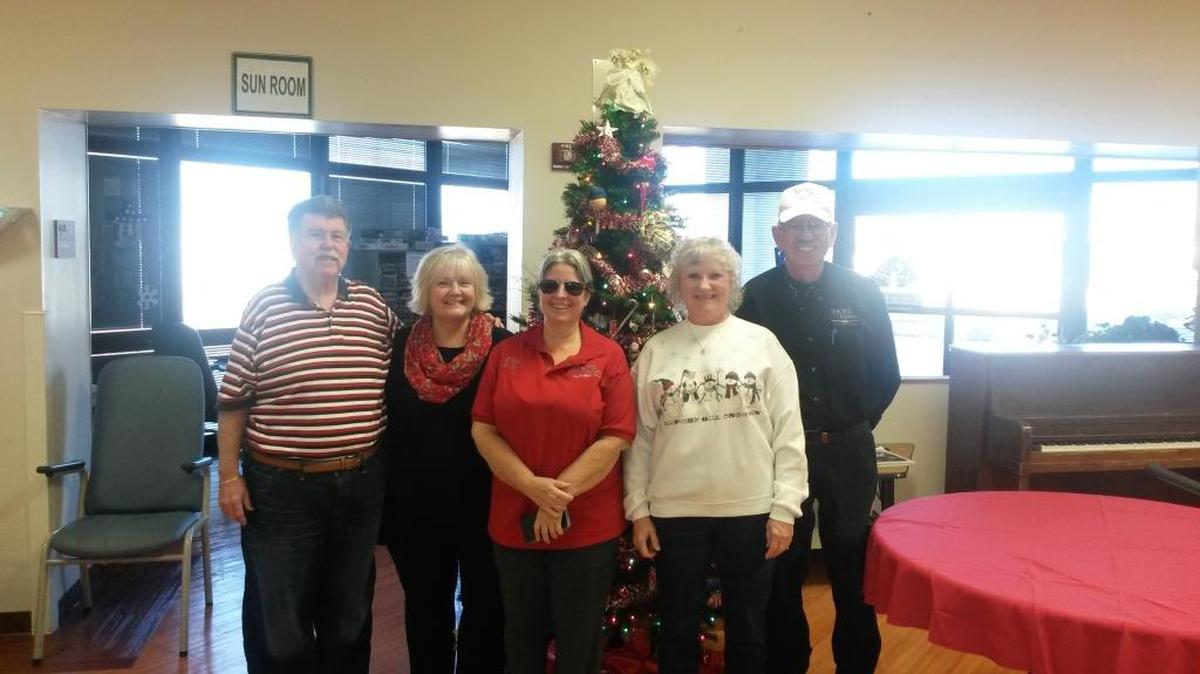 From left Mike Vaughn, Donna Wiltsie, Di Scott, Fran Harris-Shaffer and Chip Shaffer of Xi Chi Chapter 5456 of ESA in O’Fallon traveled to the Marion VA Hospital on Saturday, Dec. 16 to deliver Christmas stockings to the veterans.