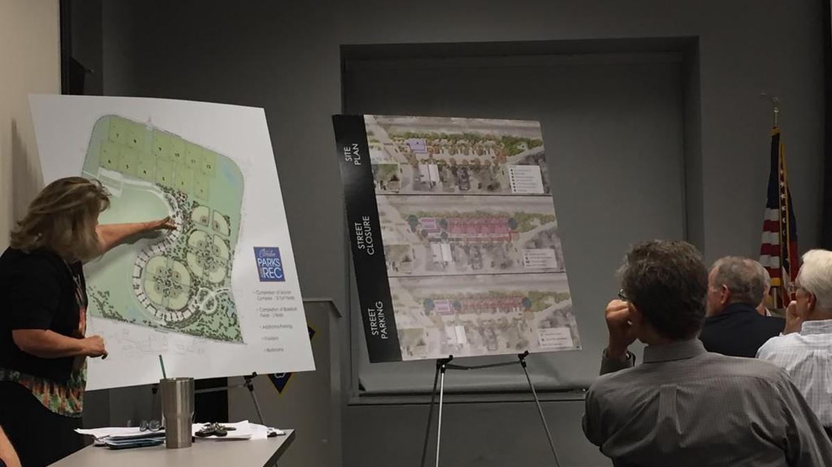 Mary Jeanne Hutchison, O’Fallon parks and recreation director, identifies an area of the Family Sports Park on the Destination O’Fallon proposal presentation board during Tuesday evening’s Community Development Committee meeting held at the O’Fallon Public Safety building.