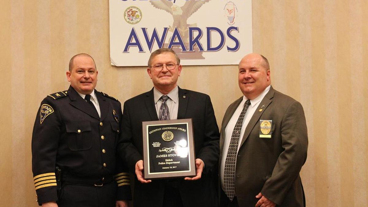 Former Shiloh Police Chief James Stover was given the Olympian Leadership Award, one of the highest honors SILEC/SIPCA bestows. Stover was nominated for the award by O’Fallon Police Chief Eric Van Hook and Fairview Heights Chief Nick Gailius. From left are Van Hook, Stover and Gailius.