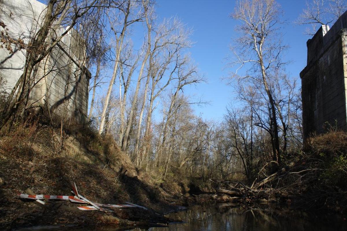 Former CSX Transportation Railroad abutments that have been cleaned and prepared for pre-engineered pedestrian bridge installation to cross Ogles Creek slated for May 2018, which can be seen off Simmons Road in rural O’Fallon.