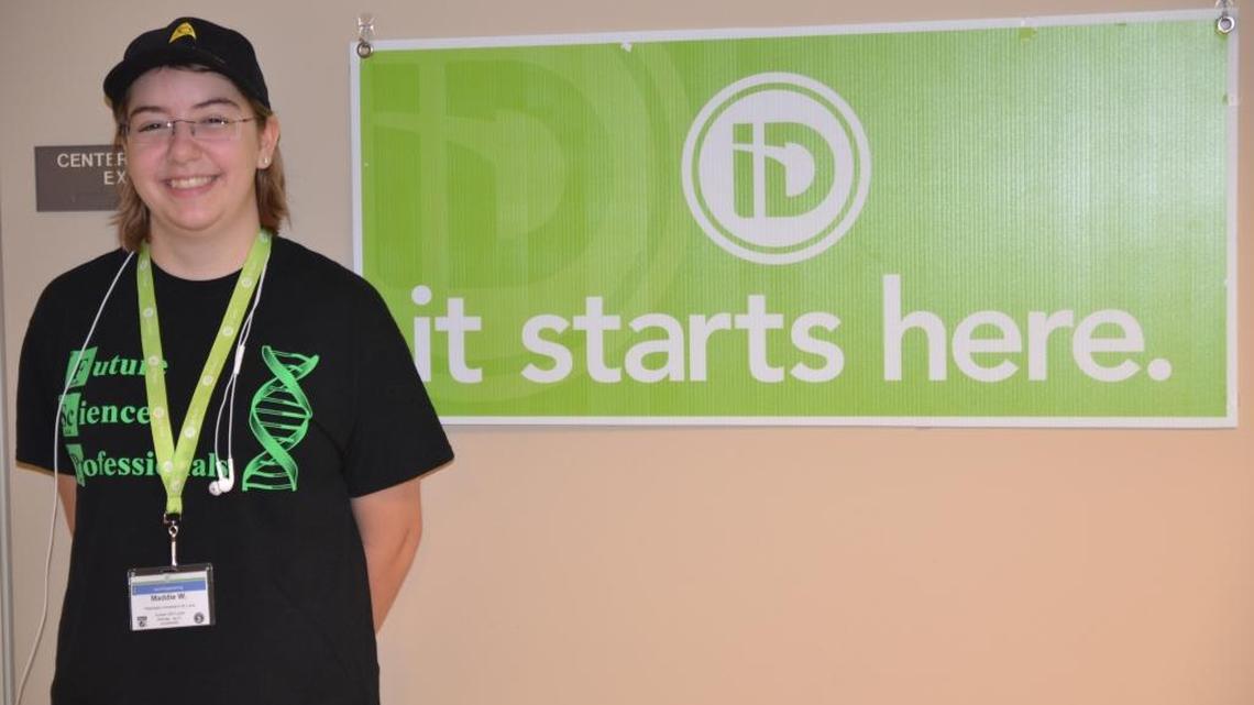 
O’Fallonite Madison Wilcox, 17, stands in the hallway where she attends iD Tech Summer STEM Camp at Washington University in St. Louis, Mo., in July 2015. 
