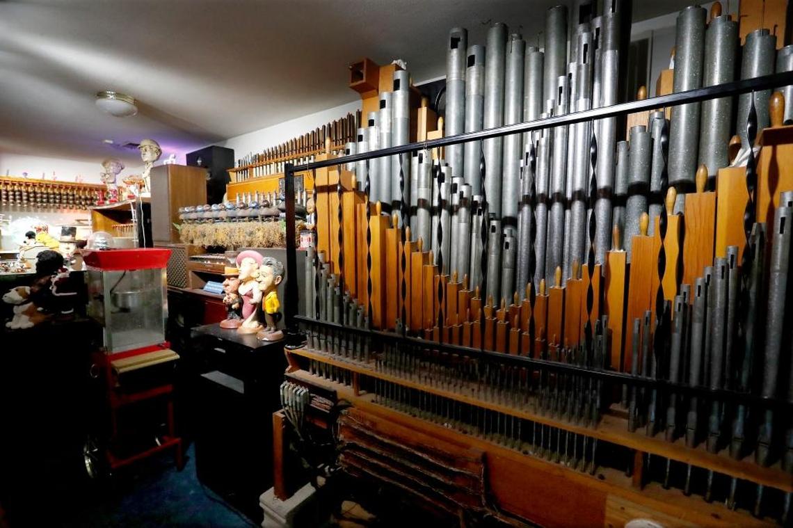 Some of the automated organ pipes and other instruments of Jack Moelmann’s at his O’Fallon home.