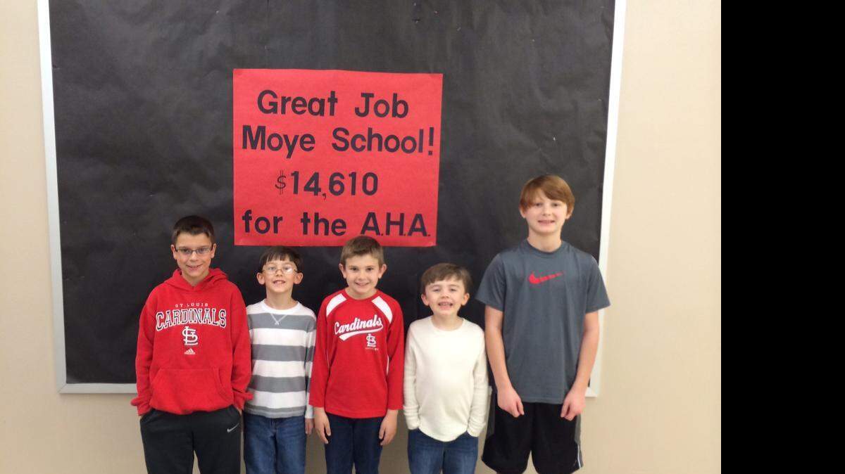 
Moye Elementary School raised $14,610 for the American Heart Association as part of the school’s Jump Rope for Heart campaign. The top five collectors raised a combined $2,160. The top collectors were, from left, Zachary Horsens, Nikolas Sova, Ethan Nelson, Naytin Sova and Tanner Hollerich. Over the past 12 years heart disease death rates have fallen an amazing 30 percent No other disease has dropped like that. Experts say the reductions can be attributed to: Fewer people smoking and being exposed to second hand smoke; lifesaving scientific research breakthroughs; changes in laws to build healthier environments; and increased awareness about healthy living. The American Heart Association plays a key role in each of those efforts. Jump Rope for Heart benefits the AHA and also helps students learn about heart health, leading an active life and about giving back to others. 
