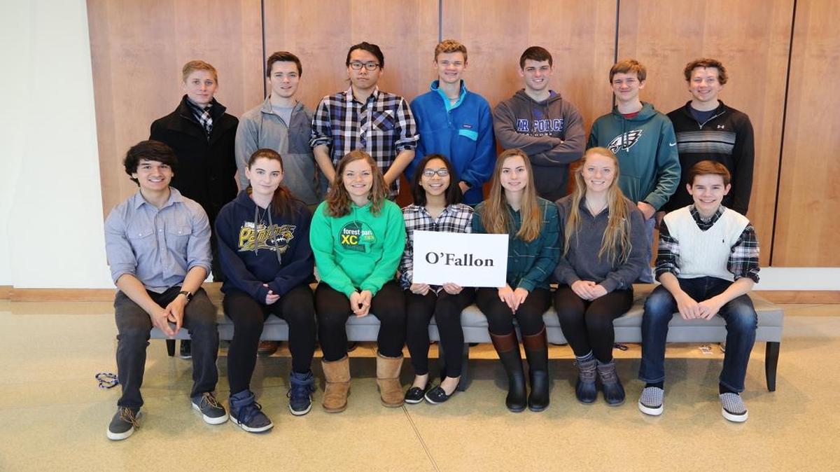 O’Fallon Township High School students who participated in the WYSE contest at McKendree University were, front row from left, Parker Crain, Haley Cox, Annie Roberts, Jamie Dela Cruz, Katie Halwachs, Mary Kate Porath and Hayden Gittner; back row, left to right: Matt Gilster, Hayden Ourada, Jeonghu Park, Garrett Blenkush, Jake DeLange, Billy Richards and Adam Spihlman.