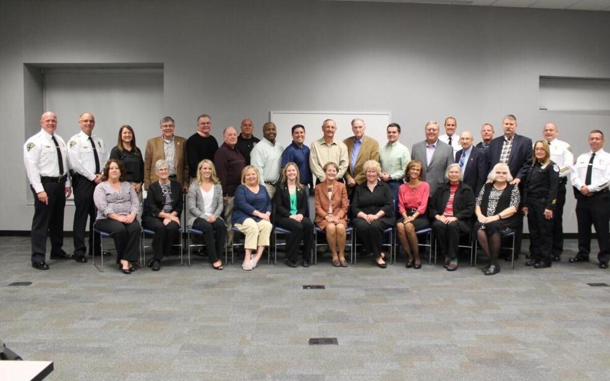 The O’Fallon Police Department graduated the latest Citizen Police Acadmey, session No. 5, on Tuesday, Oct. 25. The Academy is designed to give participants a realistic view of the day to day operations of public safety work by providing instruction, practical's and education on numerous topics. Participants experience 11 classes in an eight-week program to include learning and experiencing hands on training about: agency history and structure; police operations; patrol tactics; traffic stops and driving under the influence; current drug trends; general investigations; firearm training and simulato; response to resistance; CPR and AED training and certification; fire safety and demonstrations with firearms; presentations about the Major Case Squad; 9-1-1 communications; and, an eight-hour ride along with an officer. Special guests included St Clair Co. States Attorney Brendan Kelly, Asst. Attorney General Ella York, Greg Cueto, U. S. Attorney’s Office, Director Van Muschler SWIC Police Academy and Director David Hayes Southern Illinois Law Enforcement Commission. From left, front row, Tina Koch, Helen Smith, Lisa Bennion, Sharon Cheadle, Jennafer Purdy, Lindsey Lester-Brutscher, Sharon Foster, Kathy Rutledge, Sandra Taylor, and Linda Pixton. From left, back row, Capt. Mark Berry, Capt. James Cavins, 911 Operator Michelle Foster, Richard Van Etten, David Snyder, Robert Winkler, Sgt. Craig Koch, Jonas Patterson, Derek Hartman, Thomas Kazmierczak, Paull Cleary, David Scharven, David Taylor, Lt. Kirk Brueggeman, Lee Niehaus, Sgt. Michael Mojzis, Chris Pixton, EMS Supv. Kim Lamprecht, Chief Eric Van Hook, and Lt. Rob Schmidtke.