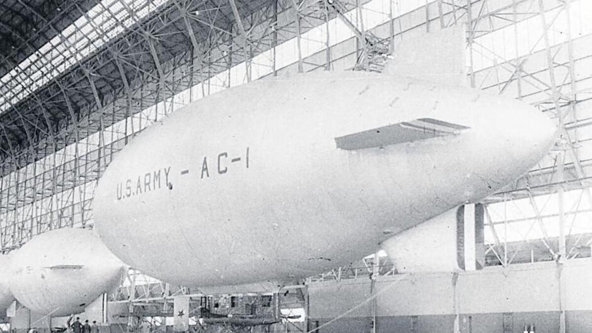 Pictured is the Army Airship AC-1 docked with other blimps inside the massive Airship Hangar at Scott Field in the 1920s.