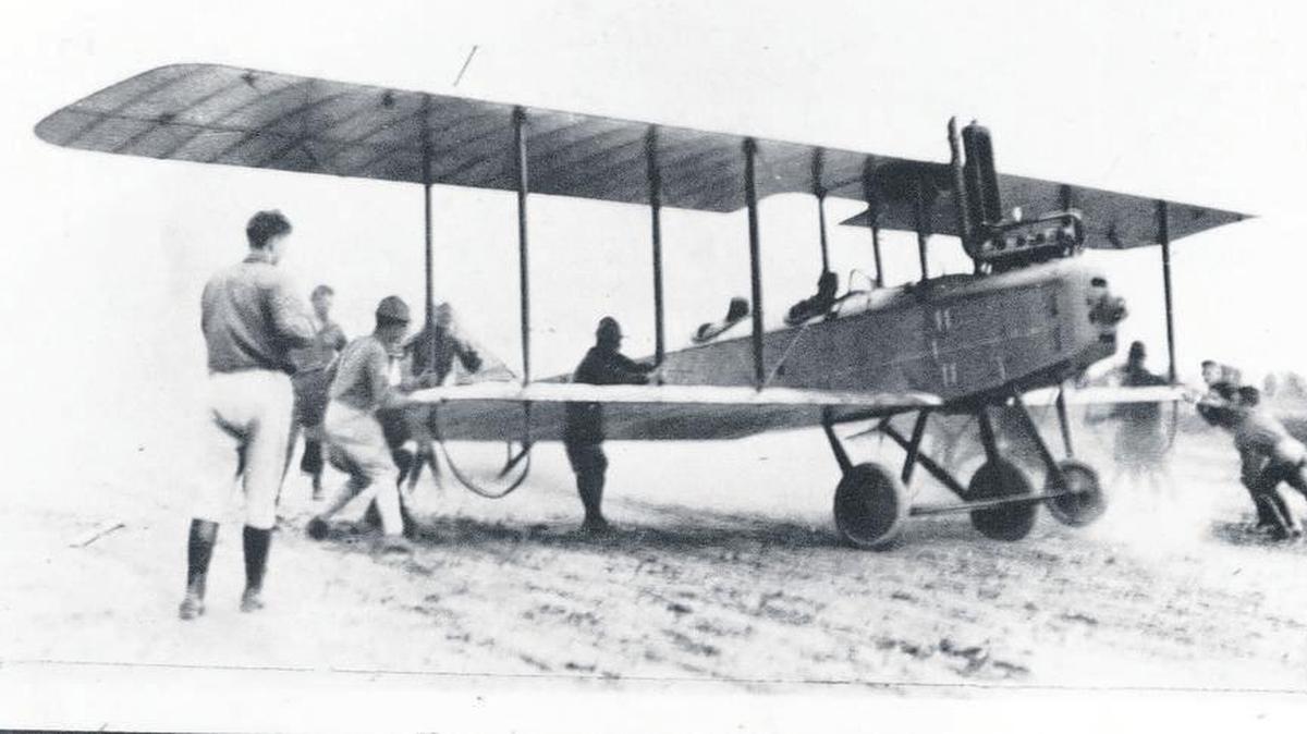 Maj. George E.A. Reinburg (front seat) and William H. Couch (civilian instructor pilot) prepare to take off on the first flight from Scott Field Sept. 2, 1917. File photo courtesy of the 375th Airlift Wing History Office