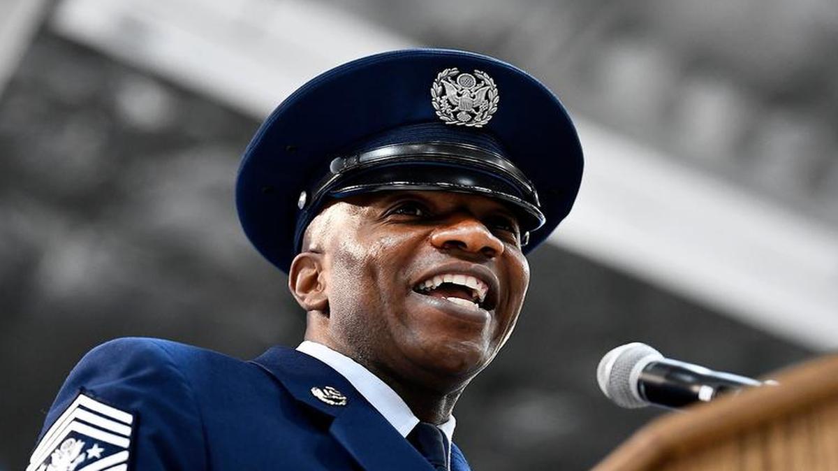 Chief Master Sgt. of the Air Force Kaleth O. Wright speaks during his appointment ceremony on Joint Base Andrews, Md. Kaleth succeeds Chief Master Sgt. James A. Cody, who retired after 32 years of service.