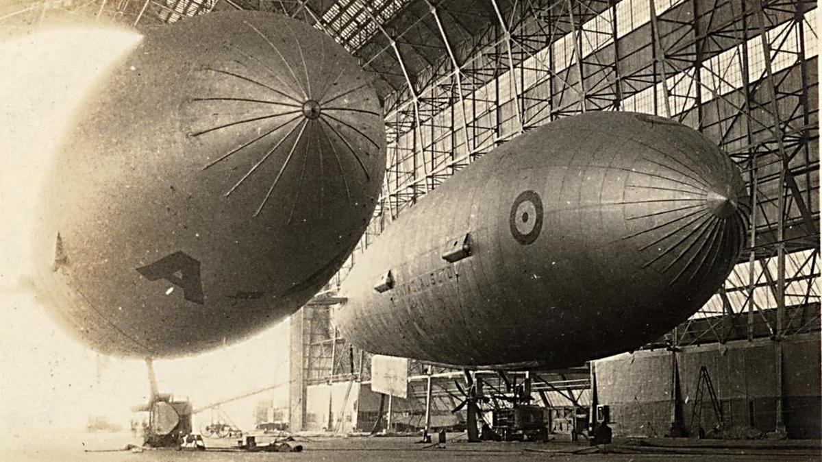 Pictured are the A-4 (left) and S.S.T. docked in the massive Scott Field Airship Hangar, circa 1923.
