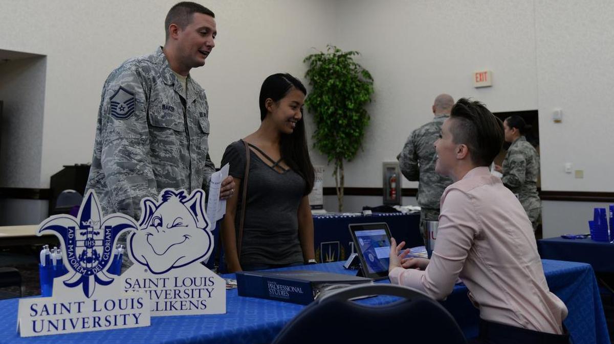 St. Louis University was one of the schools on hand at the annual education fair at the Scott Event Center. The theme for the fair was “Learning today ... leading tomorrow,” and included representatives from 58 schools. Photo by Airman 1st Class Nathaniel Hudson