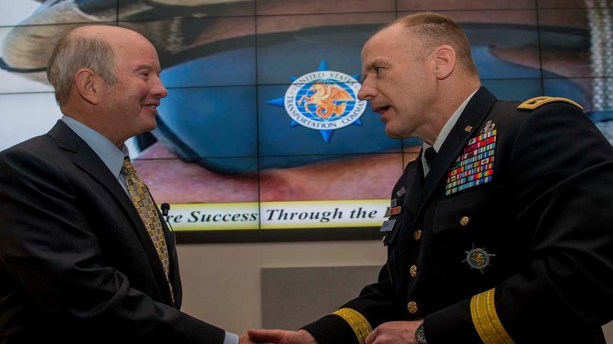 Retired Air Force Gen. Duncan McNabb, former commander, U.S. Transportation Command, addressed members of USTRANSCOM and its component commands Feb. 9 in the Seay Auditorium. During his visit, McNabb also had an office call with Army Lt. Gen. Stephen R. Lyons, USTRANSCOM deputy commander, and received a mission briefing.