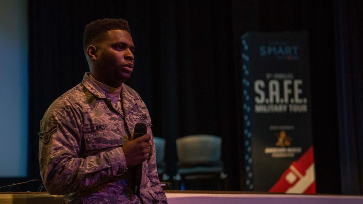 Airman 1st Class Thaddeus White, 375th Civil Engineer Squadron heavy equipment operator, spoke during the “Street Smart” presentation about an incident that involved drinking and driving Oct. 30 at Scott Air Force Base. S.A.F.E is a non-profit organization devoted to informing the participants of the consequences of poor decision making, including driving under the influence and not wearing seat belts. Photo by Senior Airman Melissa Estevez