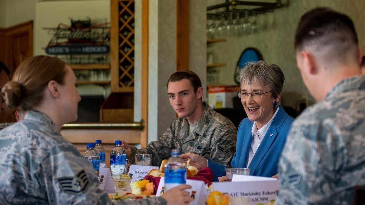Secretary of the Air Force Heather Wilson speaks with Scott Airmen during a luncheon at Scott Air Force Base July 20. During her visit to Scott, Wilson engaged with local leaders, received an Air Mobility Command tour highlighting the command’s successes and capabilities, and held a town hall meeting where she spoke about her priorities and engaged in a question and answer session with attendees.