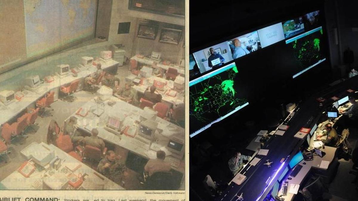 Established April 1, 1992, the 618th Air Operations Center (Tanker Airlift Control Center) celebrates 25 years of enabling aerial and ground operations worldwide through the command and control of airlift and aerial refueling assets. The picture on the left was taken in 1998 and next to it is today’s 618th AOC (TACC).