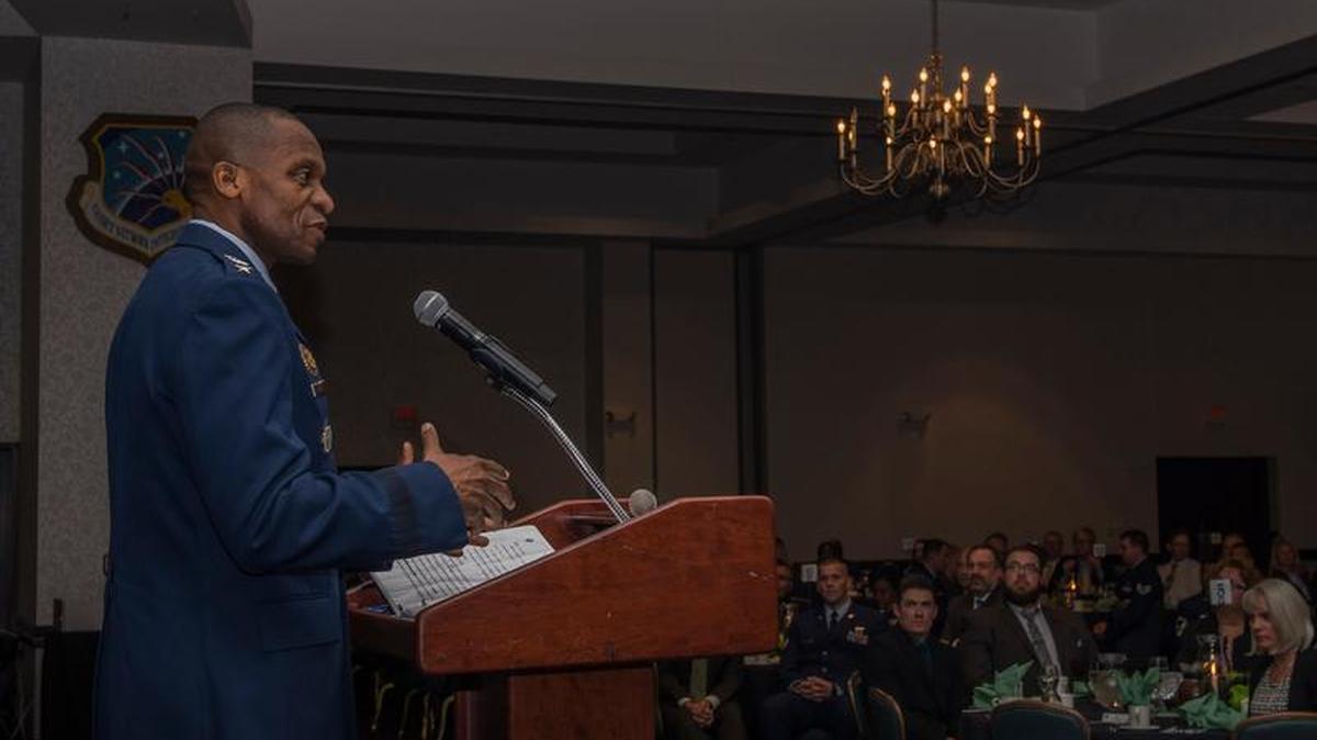 Gen. Darren McDew, United States Transportation Command commander, speaks about the importance of cyber security during a banquet for National Cyber Security Awareness Month at Scott Air Force Base on Oct. 26. Since 2004, the Department of Homeland Security has sponsored NCSAM in an effort to educate everyone on the importance of cybersecurity.