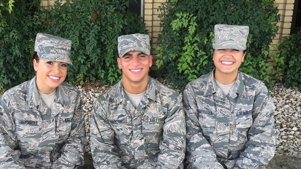 Pictured are the Harchaoui triplets, (from left); Myriam, 436th Supply Chain Operations Squadron at Scott; Rabah, 56th Security Forces Squadron at Luke AFB, Ariz.; and Warda, 60th Medical Operations Squadron at Travis AFB, Calif. All three were born in Algeria before immigrating to the United States, and are Airmen serving in today’s Air Force.