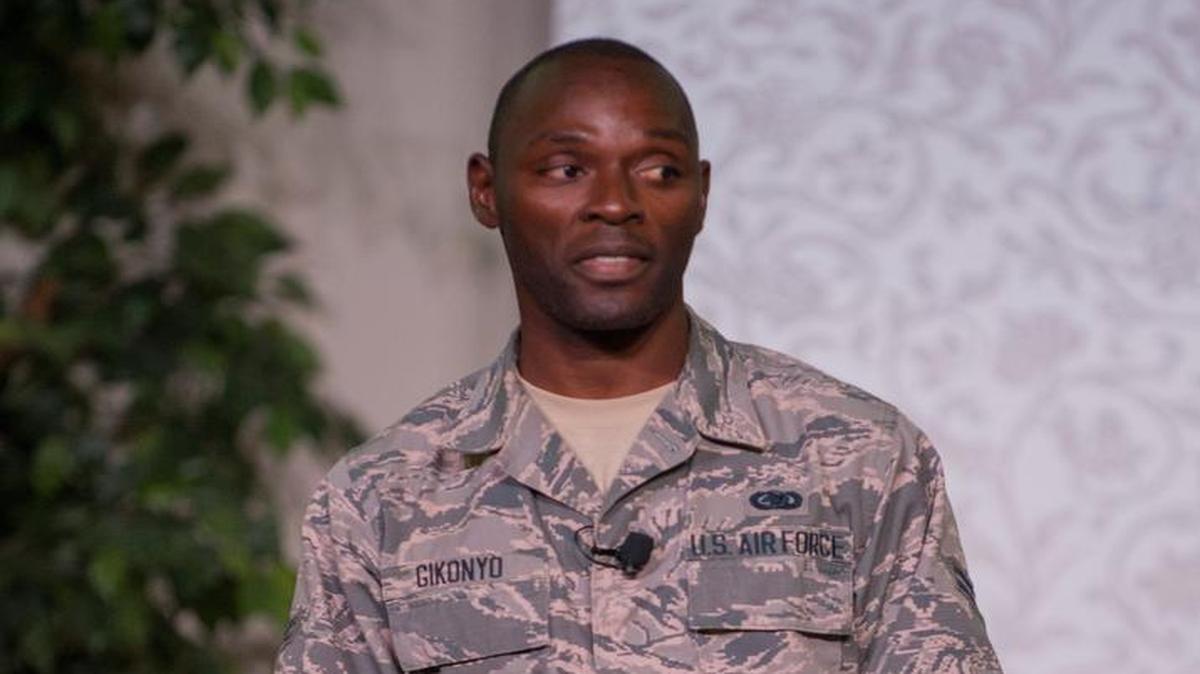 Airman 1st Class Boniface Gikonyo, 635th Supply Chain Operations Squadron, shared his story of his struggles chasing the American Dream during the recent Storytellers event July 26 at Scott Air Force Base. The Scott Air Force Base NCO Council hosted Storytellers, which gave Airman stationed at Scott a chance to tell a personal story about a tough time in their life and what they did to overcome it.