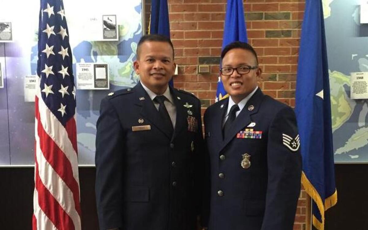 Lt. Col. Eric Trias, commander of the Cyberspace Support Squadron, with son Staff Sgt. Christopher Trias, who is an Air Force security forces member with the 39th Security Forces Squadron at Incirlik Air Base in Turkey.