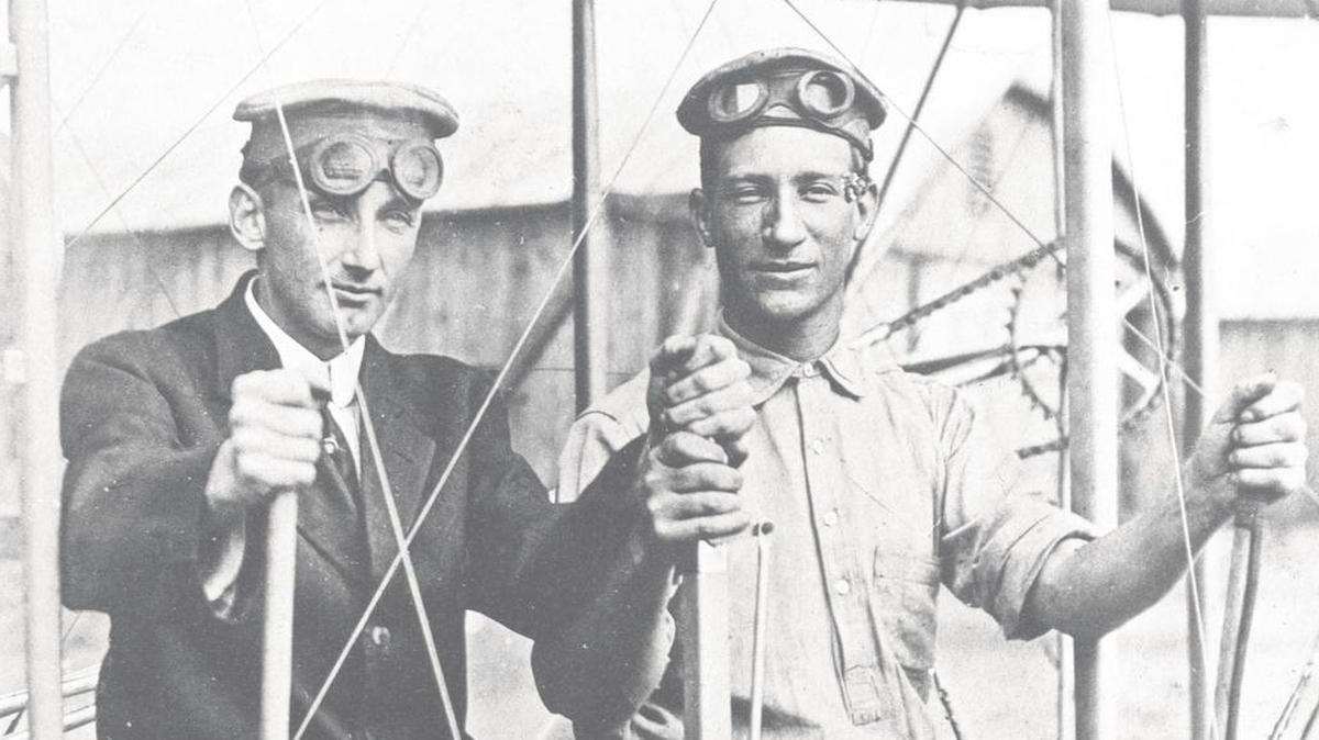 Corp. Frank S. Scott is pictured with Private 1st Class James O’Brien on the ground at the controls of a Wright Model B Flyer at College Park, Maryland, in 1912. File photo courtesy of the 375th Air Mobility Wing History Office