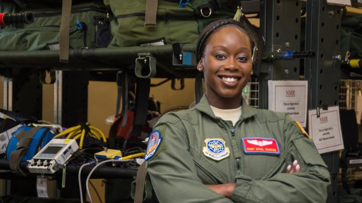 Staff Sgt. April Cooper, a 375th Aeromedical Evacuation Squadron technician, joined humanitarian relief efforts last fall in the wake of catastrophic Hurricane Harvey, which caused life-threatening flooding in Texas and Louisiana.
