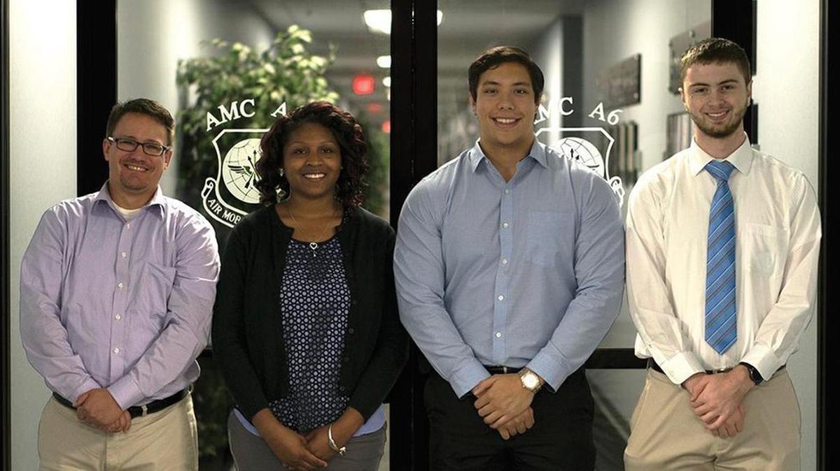 Air Mobility Command is partnering with Air Force Personnel Center and local colleges to identify candidates for the Premier College Intern Program to address an increased need for cybersecurity professionals. Pictured are the HQ AMC 2018 summer PCIP interns Greg Kovacs, Raychael Baker, Kurt Borgsmiller, and Seth Marek. Courtesy photo