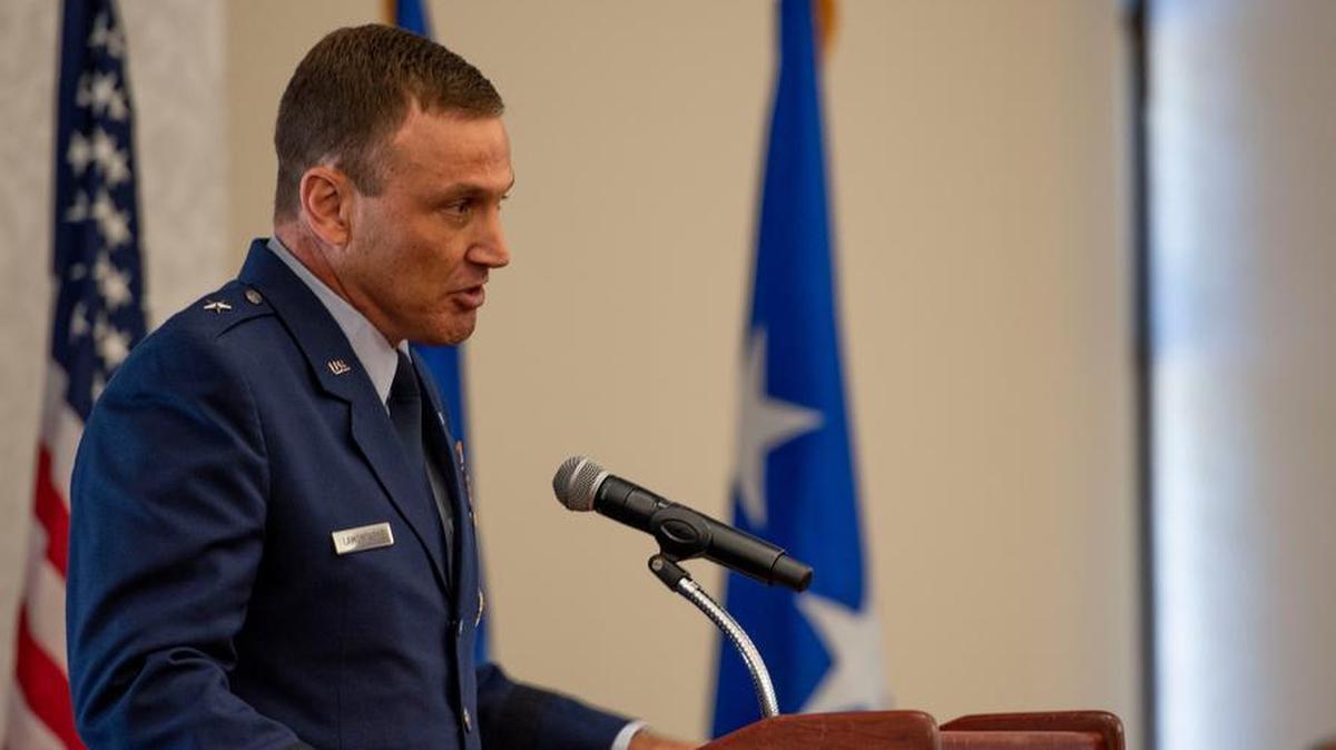 Brig. Gen. John Lamontagne, the new commander of the 618th Air Operations Center, addresses attendees at a change of command ceremony July 17 at Scott Air Force Base. Lamontagne assumes command from Brig. Gen. Kenneth Bibb. Lt. Gen. GI Tuck, 18th Air Force commander, served as the presiding officer of the ceremony.