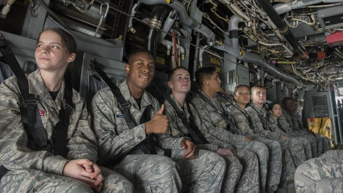 Air Force Junior ROTC cadets take a familiarization flight in a 1st Special Operations Wing aircraft at Hurlburt Field, Florida. Headquarters AFJROTC has started a new Flight Academy scholarship program that could one day turn some cadets into pilots on military or commercial aircraft to help address the nation’s aircrew crisis.