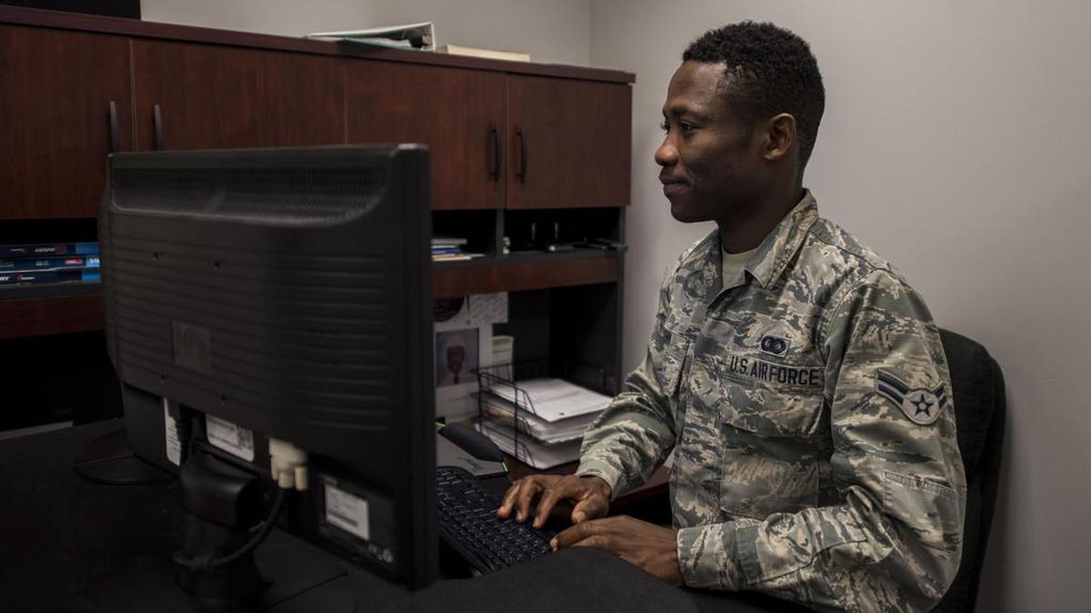 Airman 1st Class Sewa Gunn, 375th Operations Support Squadron, tracks individual squadron member’s records at Scott Air Force Base, Illinois.